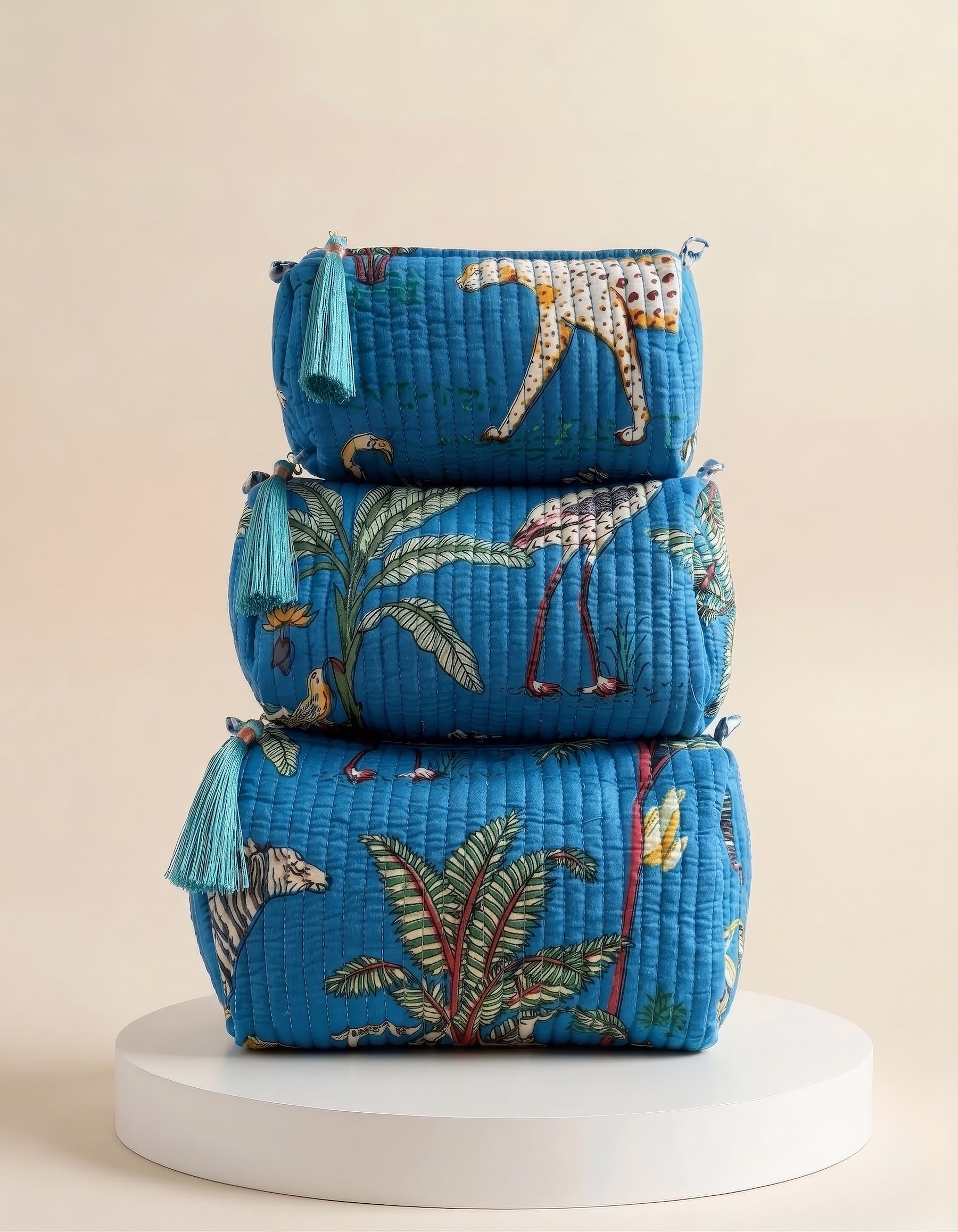 Cosmetic Bag - Bright Blue Tropical Print set of 3
