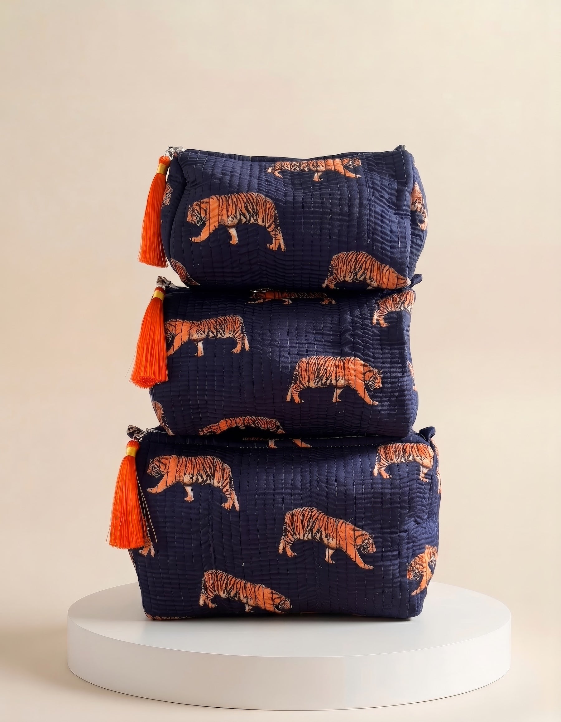 Cosmetic Bags - Navy Blue & Orange Tiger - Set of 3