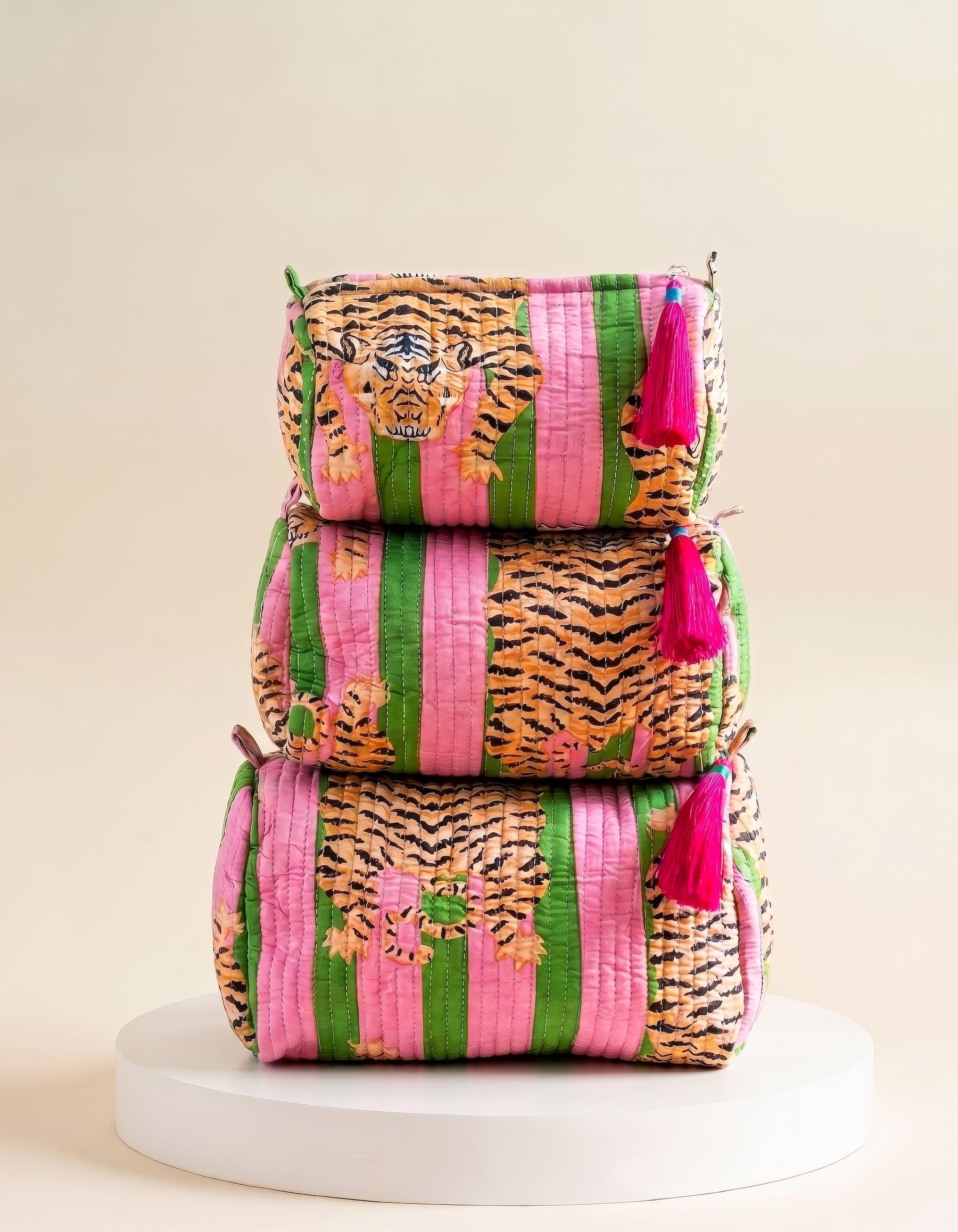 Cosmetic Bag - Pink & Green Tiger Stripe - set of 3