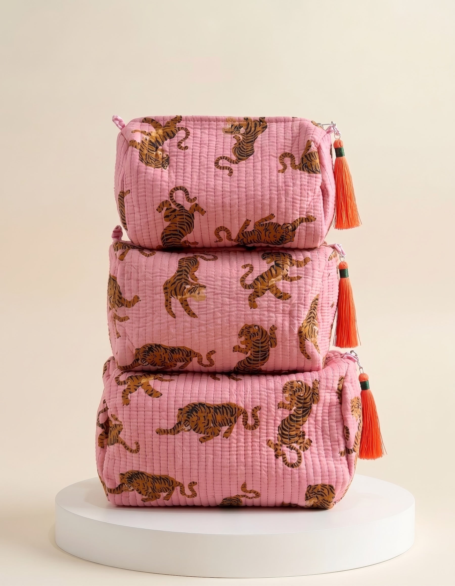 Cosmetic Bags - Pink & Orange Tiger - Set of 3
