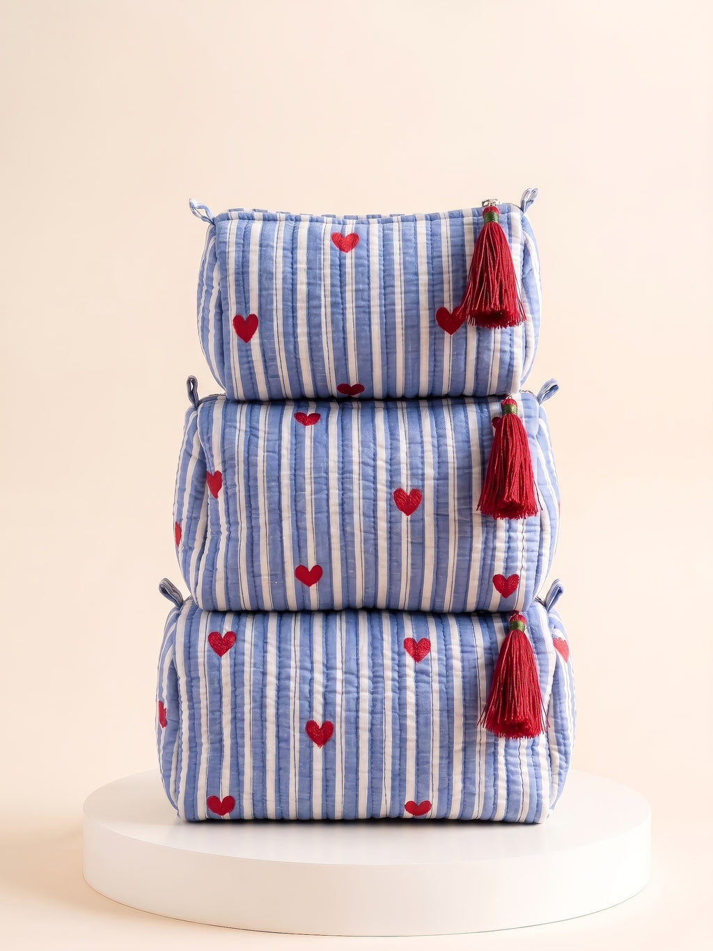 Cosmetic Bags - Heart Blue Stripes - Set of 3