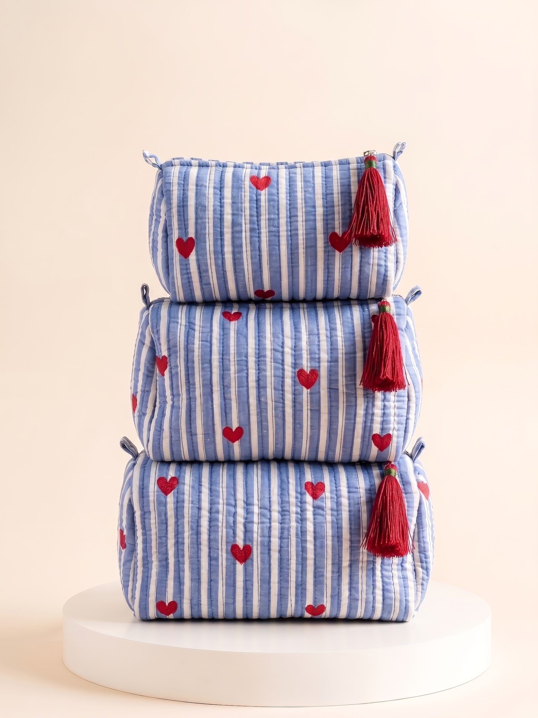 Cosmetic Bags - Heart Blue Stripes - Set of 3
