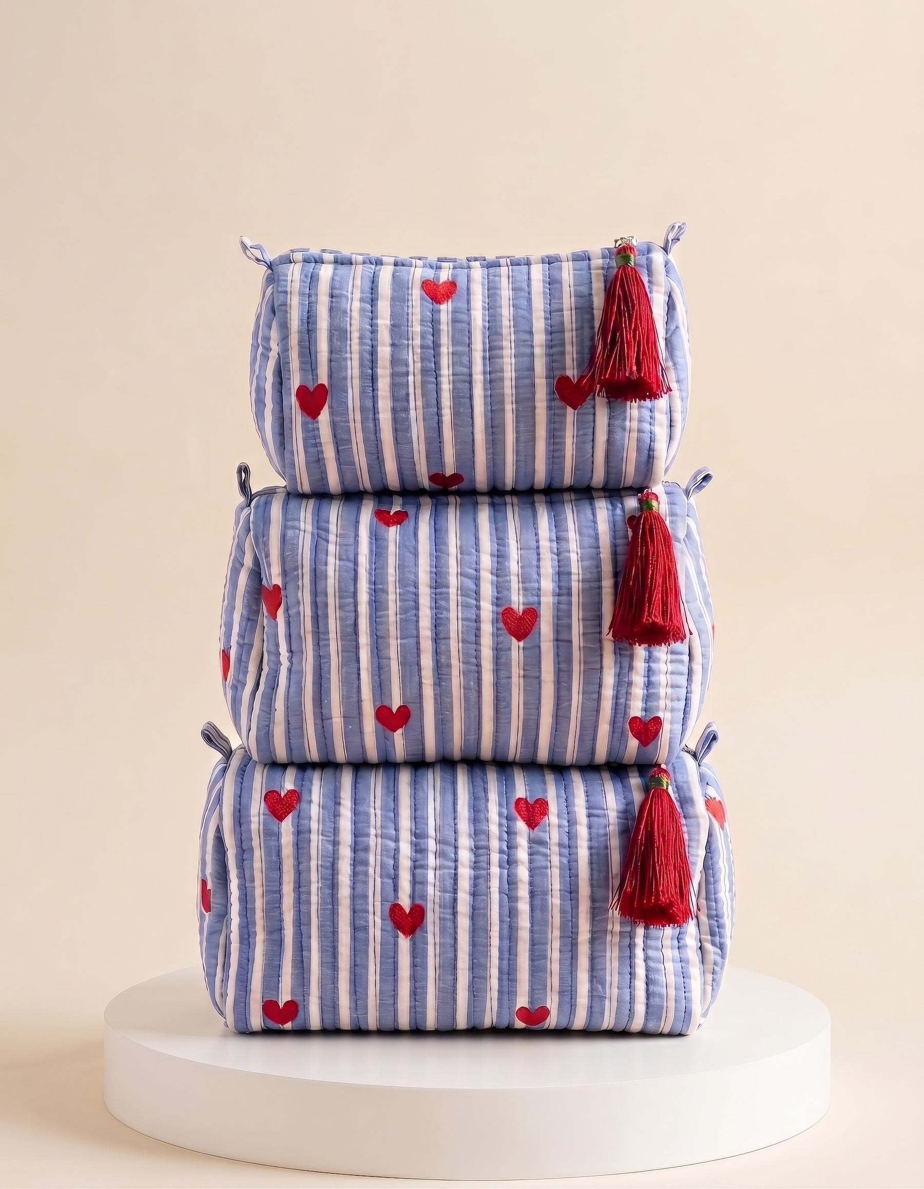 Cosmetic Bags - Heart Blue Stripes - Set of 3
