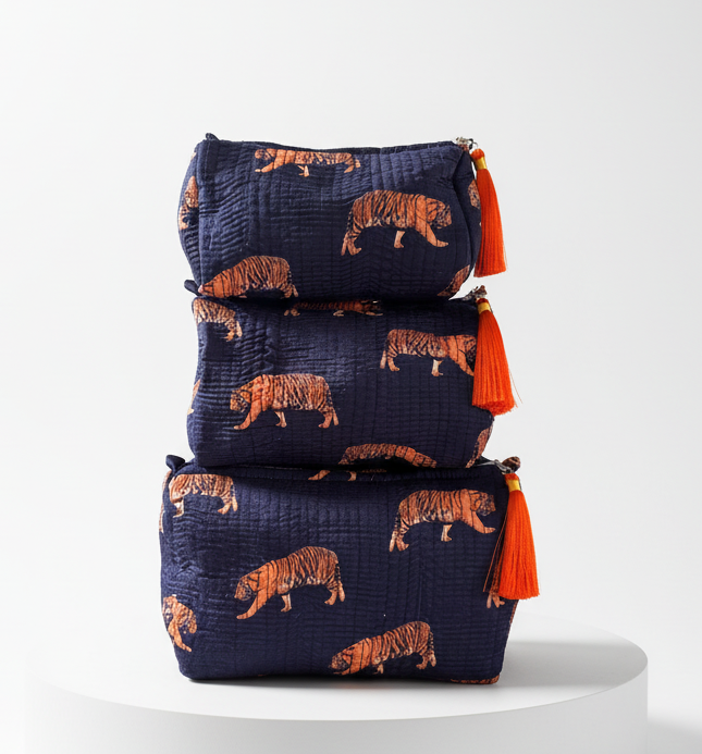Cosmetic Bags - Navy Blue & Orange Tiger - Set of 3