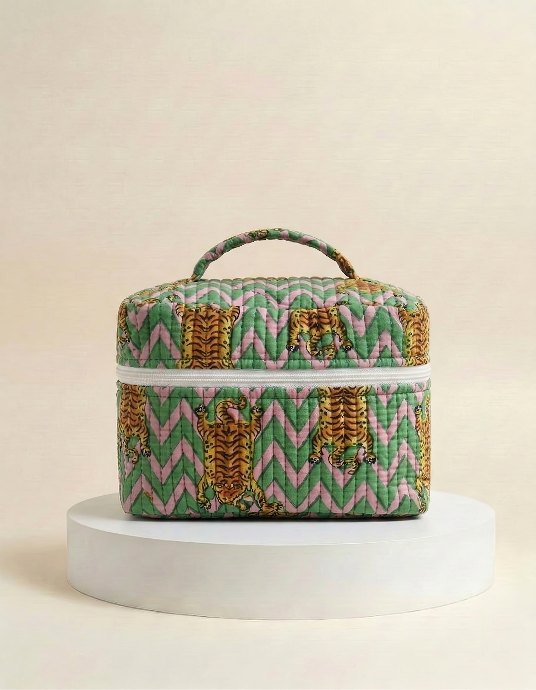 Make up bag - Green, Pink Zig Zag Tiger Print
