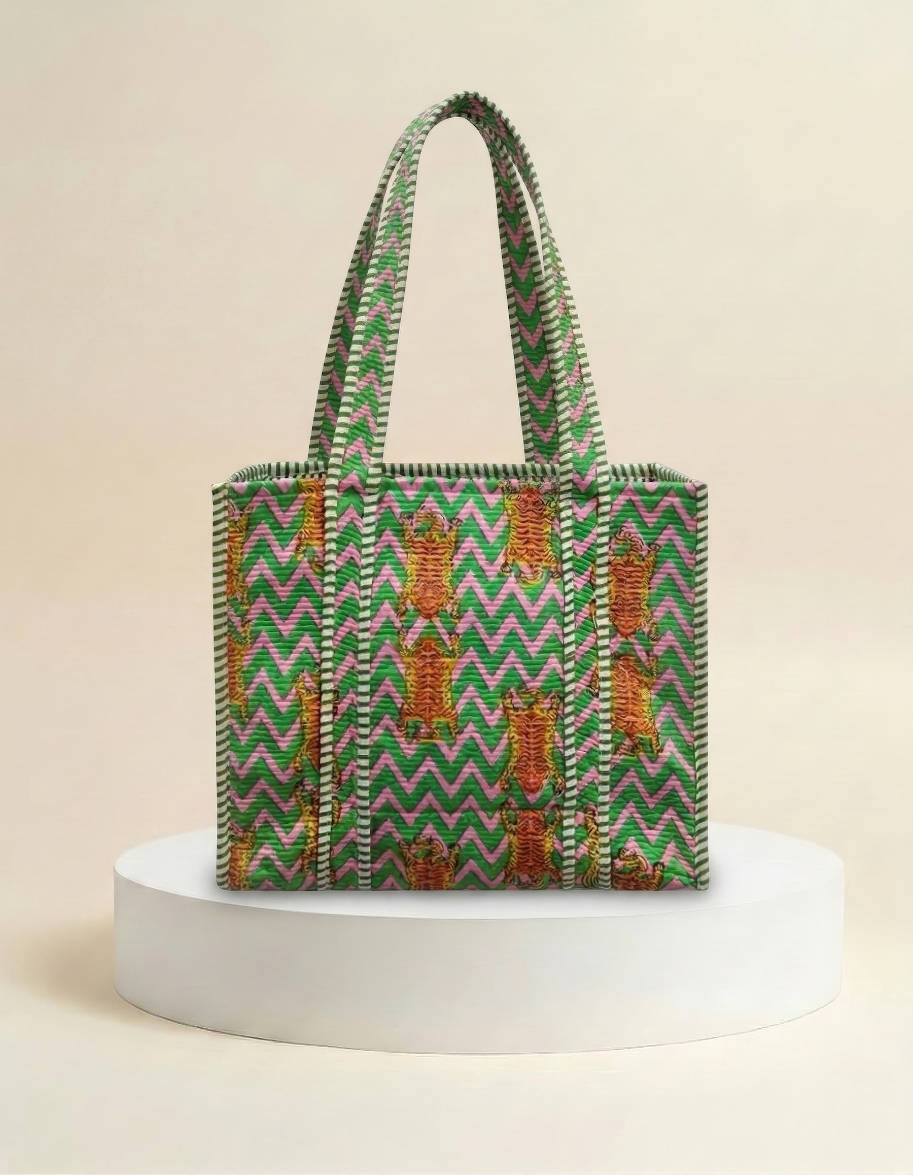Small Tote - Pink & Green Zig Zag Tiger Print