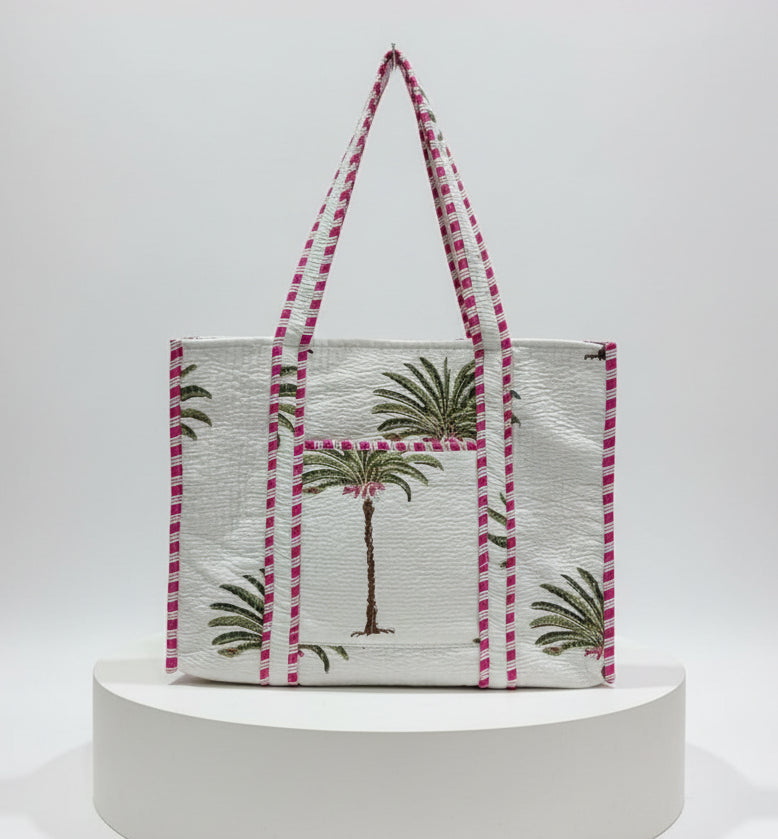 Tote - White & Pink Palm Tree