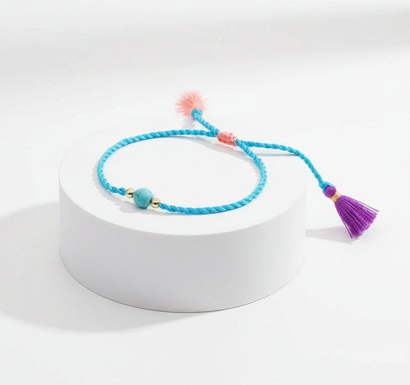 Bracelet - Neon Turquoise Rope and Tassels