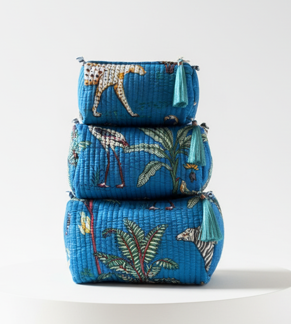Cosmetic Bag - Bright Blue Tropical Print set of 3
