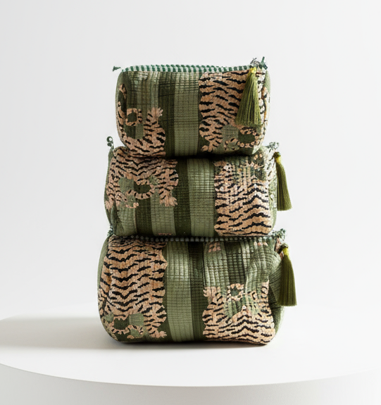 Cosmetic Bags - Light & Dark Green Tiger Stripe - Set of 3