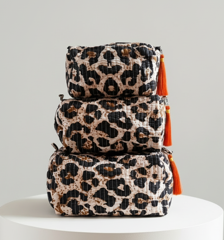 Cosmetic Bags - Orange Leopard print - Set of 3