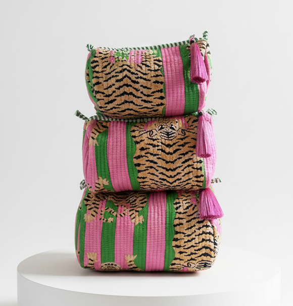 Cosmetic Bag - Pink & Green Tiger Stripe - set of 3