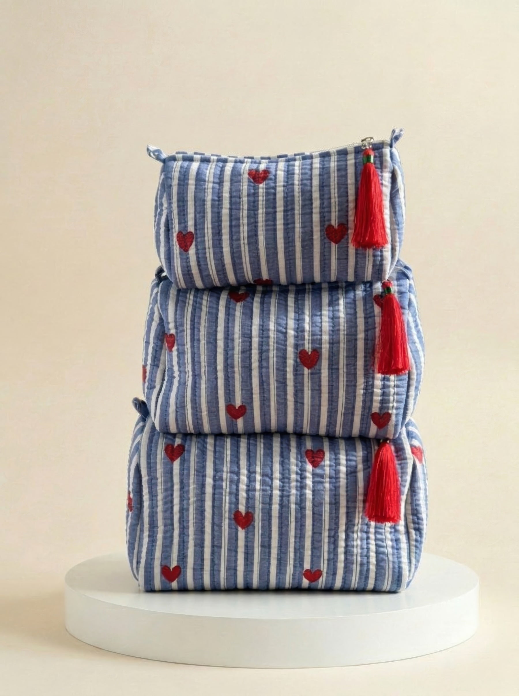 Cosmetic Bags - Heart Blue Stripes - Set of 3
