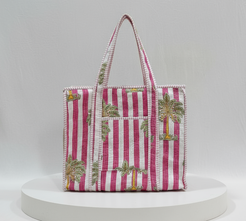 Tote  - Pink Palm Tree Stripes