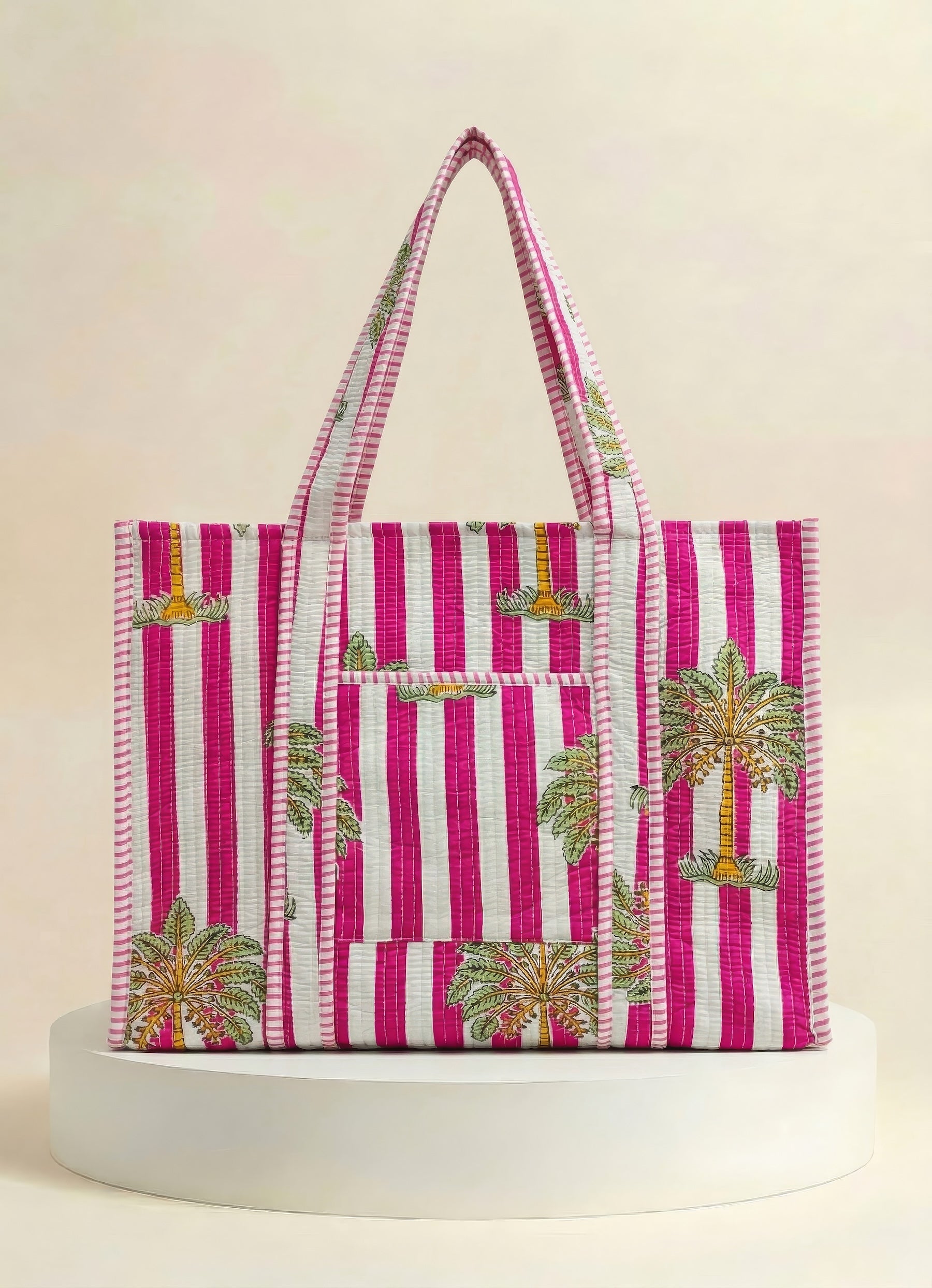 Zip Tote  - Pink Stripe Palm